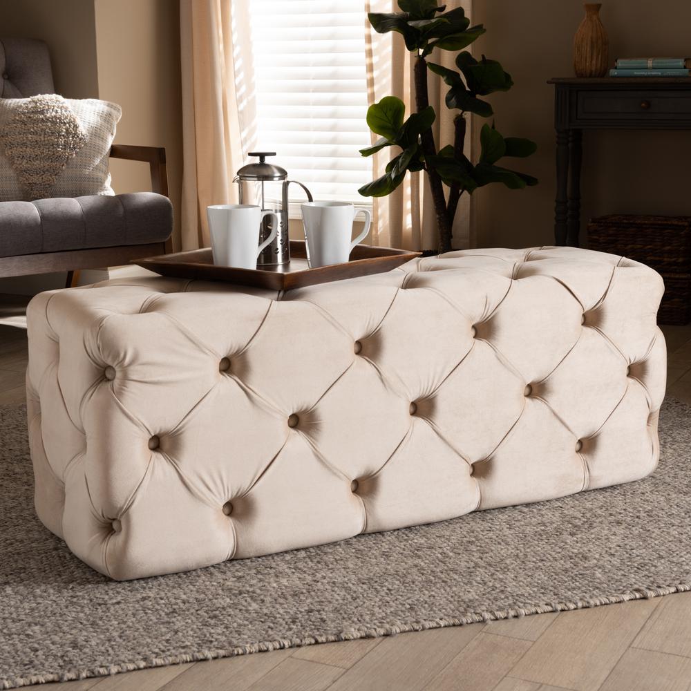 Jasmine Modern Contemporary Glam and Luxe Beige Velvet Fabric Upholstered Button Tufted Bench Ottoman. Picture 1