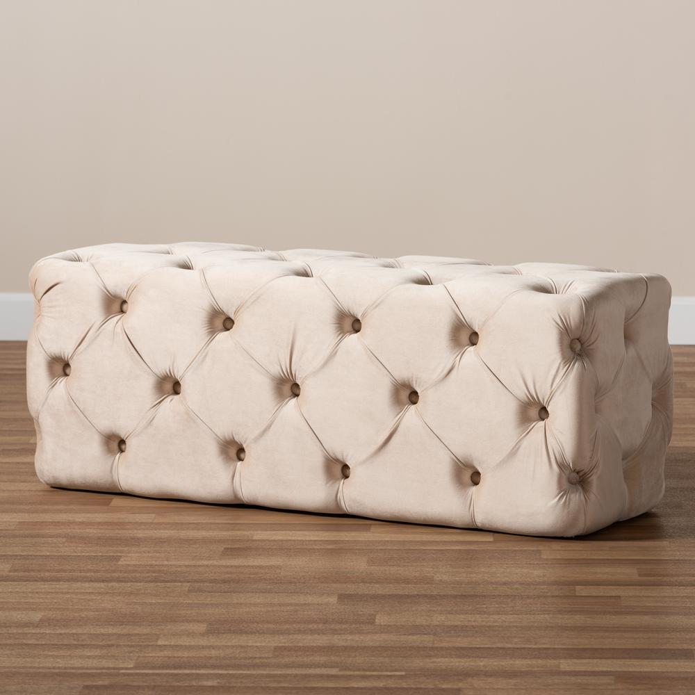 Jasmine Modern Contemporary Glam and Luxe Beige Velvet Fabric Upholstered Button Tufted Bench Ottoman. Picture 7