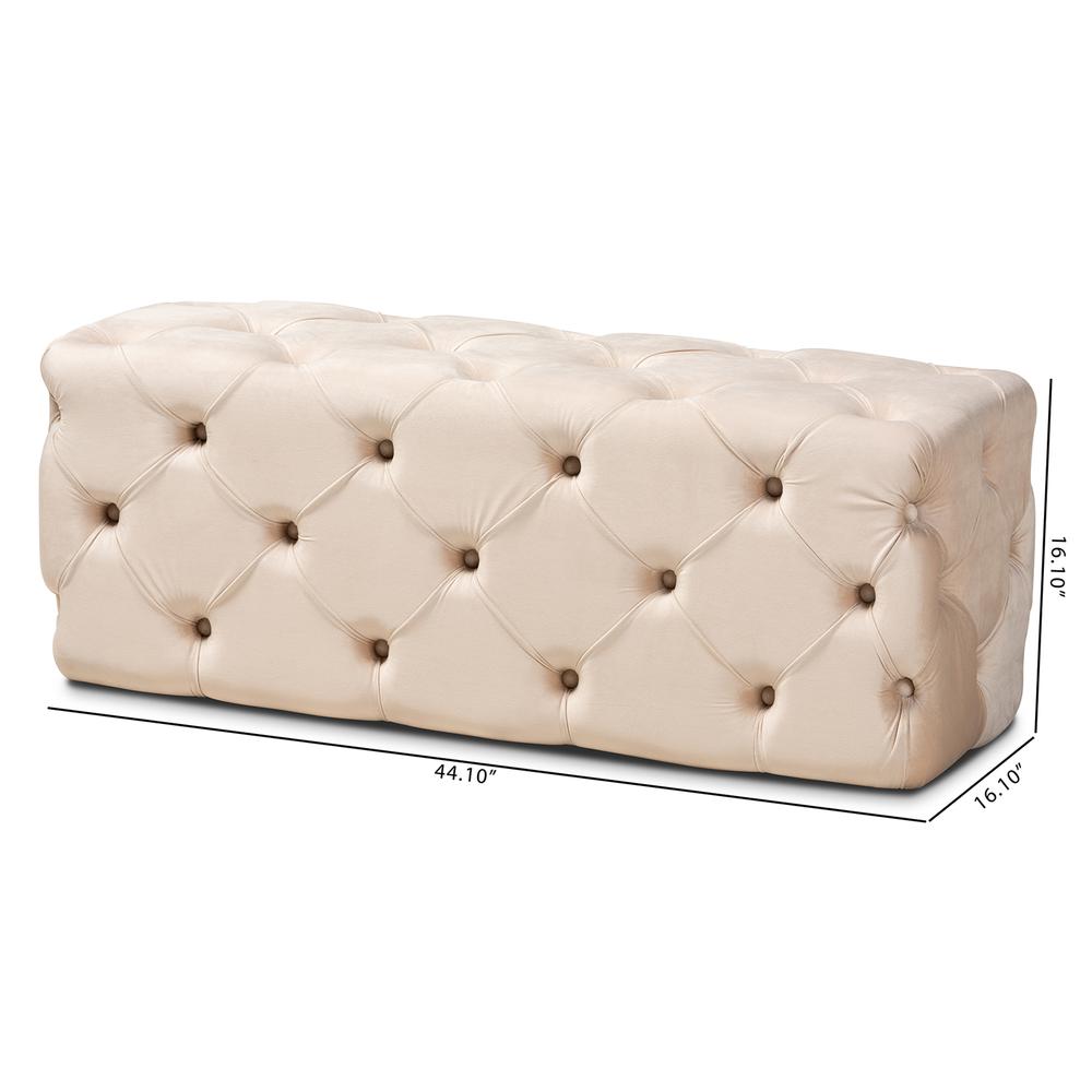 Jasmine Modern Contemporary Glam and Luxe Beige Velvet Fabric Upholstered Button Tufted Bench Ottoman. Picture 8