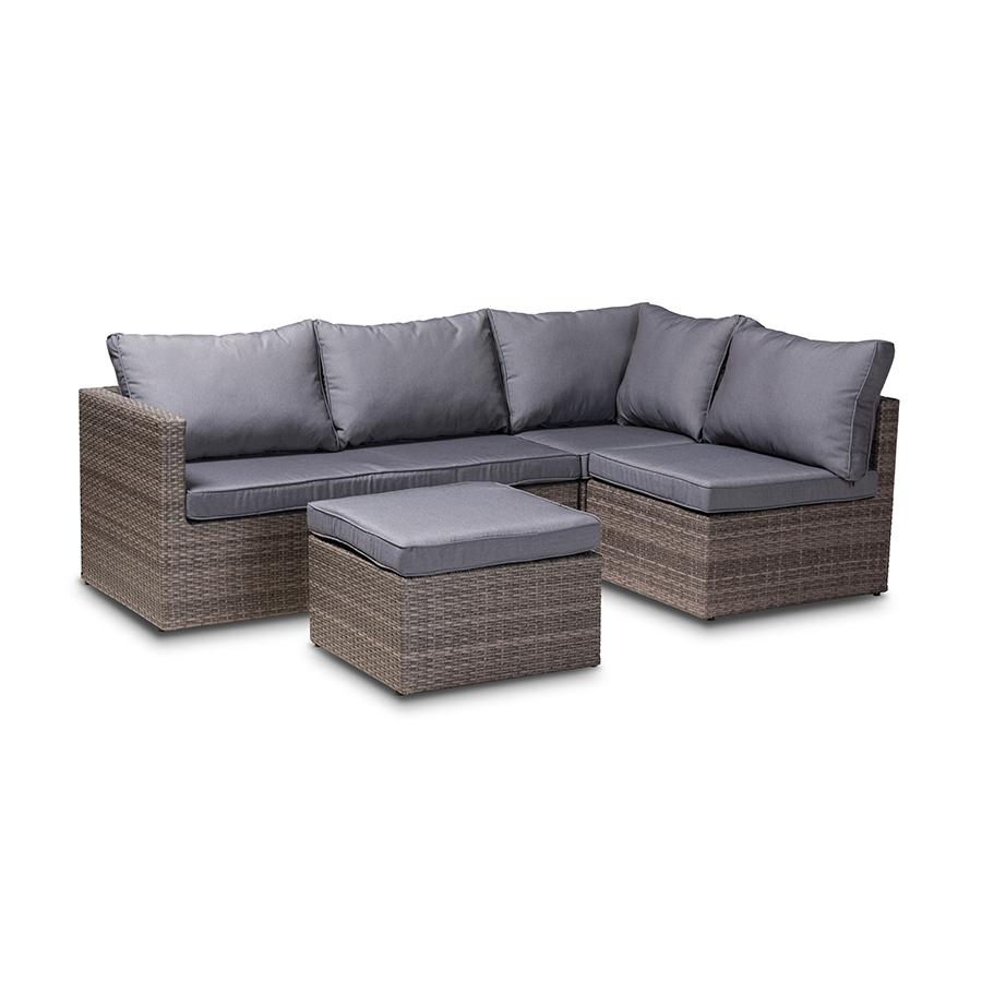 Pamela Modern and Contemporary Grey Polyester Upholstered and Brown Finished 4-Piece Woven Rattan Outdoor Patio Set. Picture 2