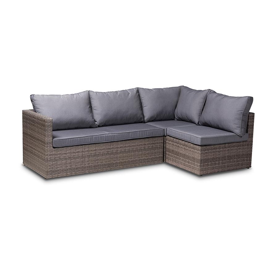 Pamela Modern and Contemporary Grey Polyester Upholstered and Brown Finished 4-Piece Woven Rattan Outdoor Patio Set. Picture 3