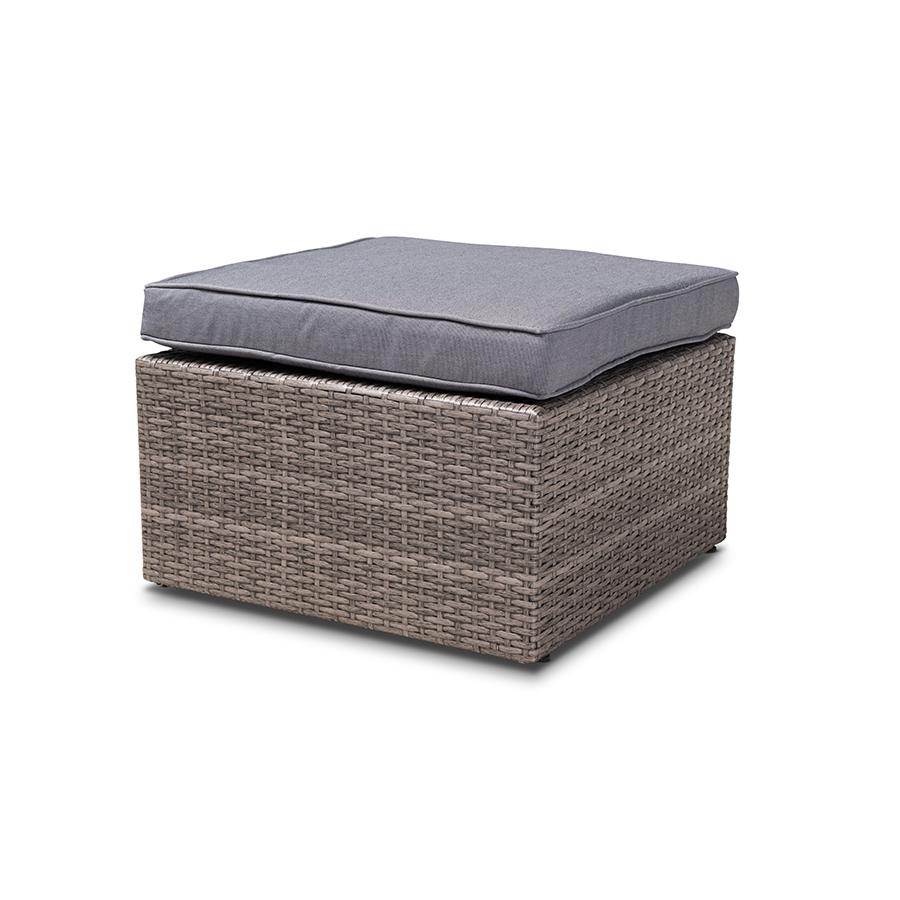 Pamela Modern and Contemporary Grey Polyester Upholstered and Brown Finished 4-Piece Woven Rattan Outdoor Patio Set. Picture 4