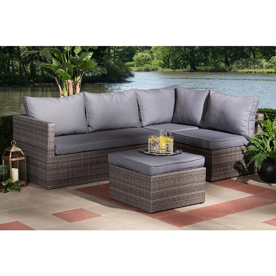 Pamela Modern and Contemporary Grey Polyester Upholstered and Brown Finished 4-Piece Woven Rattan Outdoor Patio Set. Picture 1
