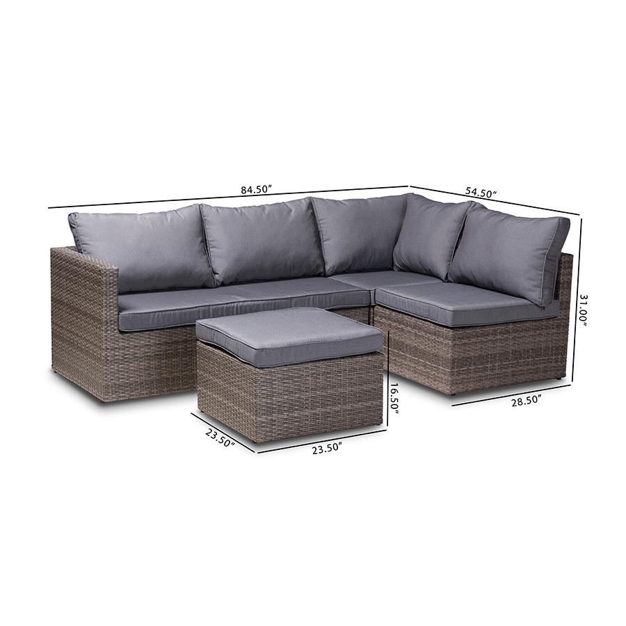 Pamela Modern and Contemporary Grey Polyester Upholstered and Brown Finished 4-Piece Woven Rattan Outdoor Patio Set. Picture 9