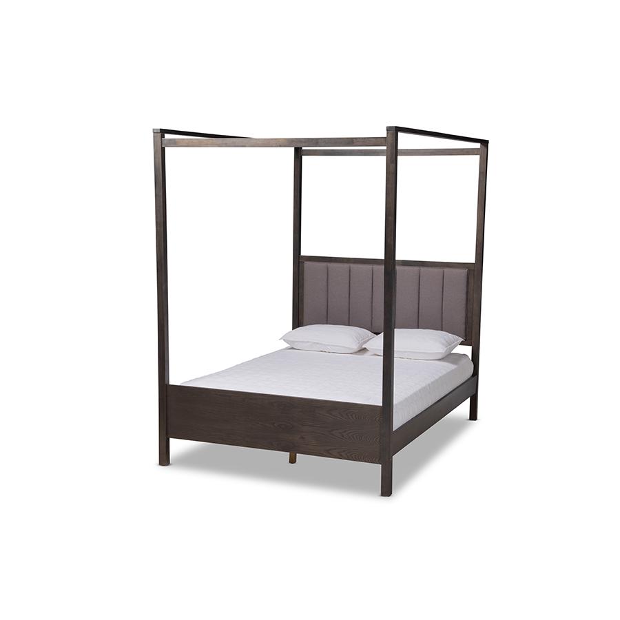 Dark Grey Oak Finished Wood Queen Size Platform Canopy Bed. Picture 1