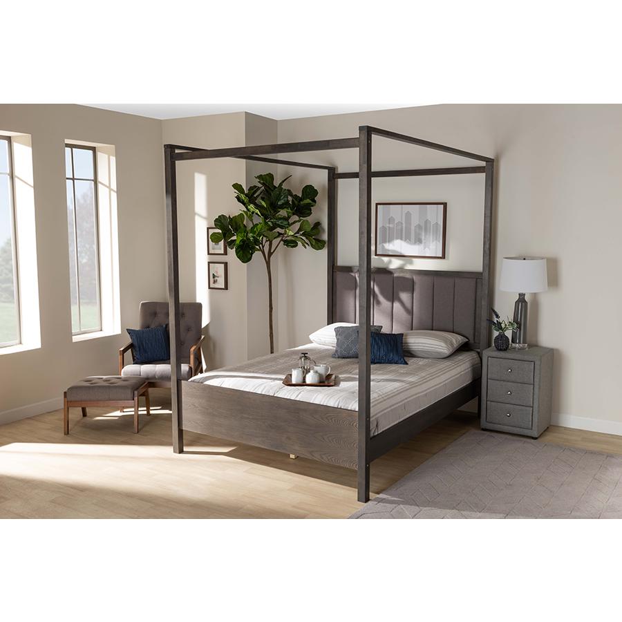 Dark Grey Oak Finished Wood Queen Size Platform Canopy Bed. Picture 6