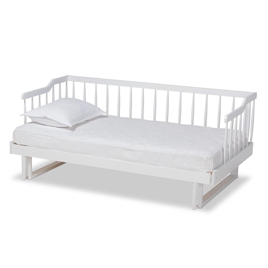White Finished Wood Expandable Twin Size to King Size Spindle Daybed. Picture 1