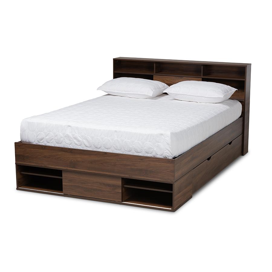 Baxton Studio Tristan Modern and Contemporary Walnut Brown Finished Wood 1Drawer Queen Size Platform Storage Bed with Shelves. Picture 1