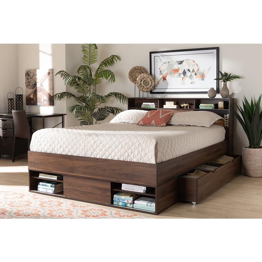 Walnut Brown Finished Wood 1-Drawer Queen Size Platform Storage Bed with Shelves. Picture 10