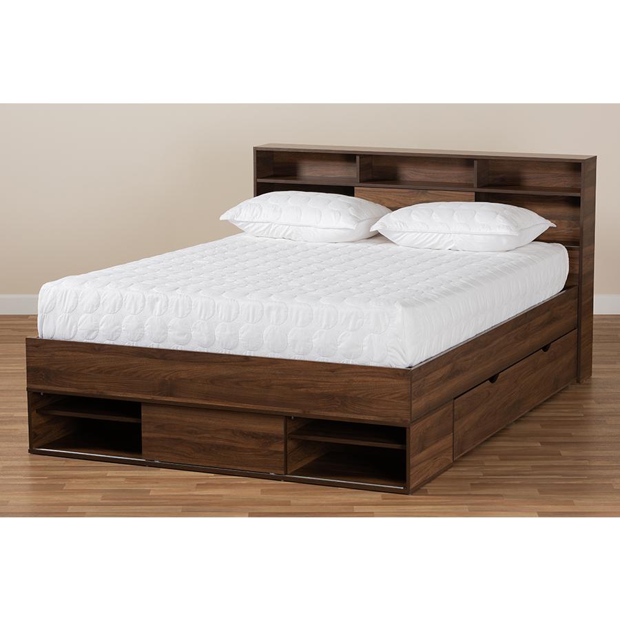 Walnut Brown Finished Wood 1-Drawer Queen Size Platform Storage Bed with Shelves. Picture 11