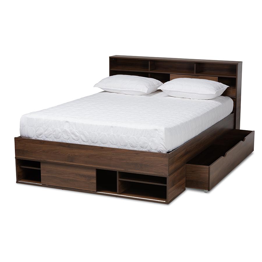 Walnut Brown Finished Wood 1-Drawer Queen Size Platform Storage Bed with Shelves. Picture 2