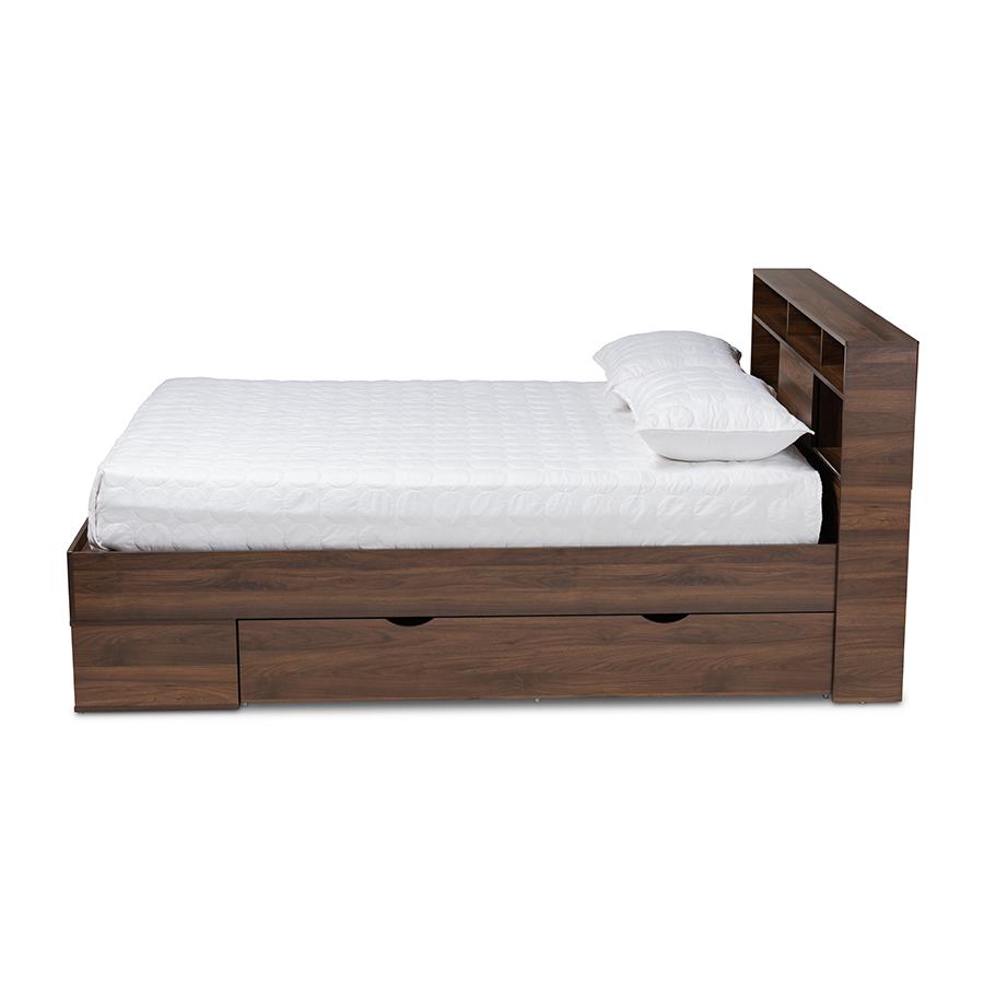 Walnut Brown Finished Wood 1-Drawer Queen Size Platform Storage Bed with Shelves. Picture 3