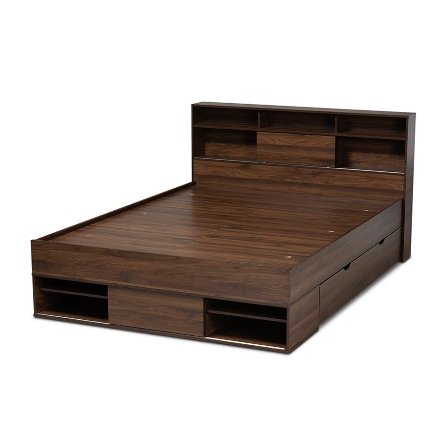 Walnut Brown Finished Wood 1-Drawer Queen Size Platform Storage Bed with Shelves. Picture 4