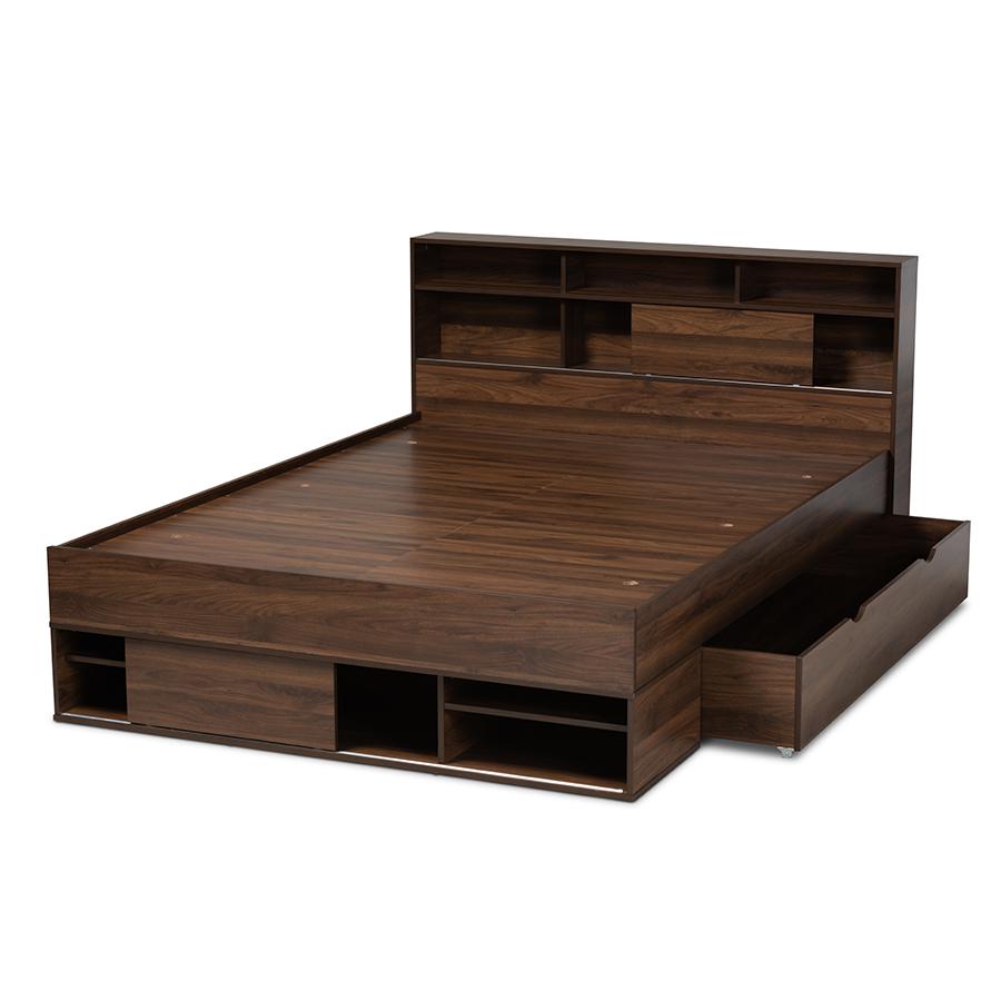 Walnut Brown Finished Wood 1-Drawer Queen Size Platform Storage Bed with Shelves. Picture 5