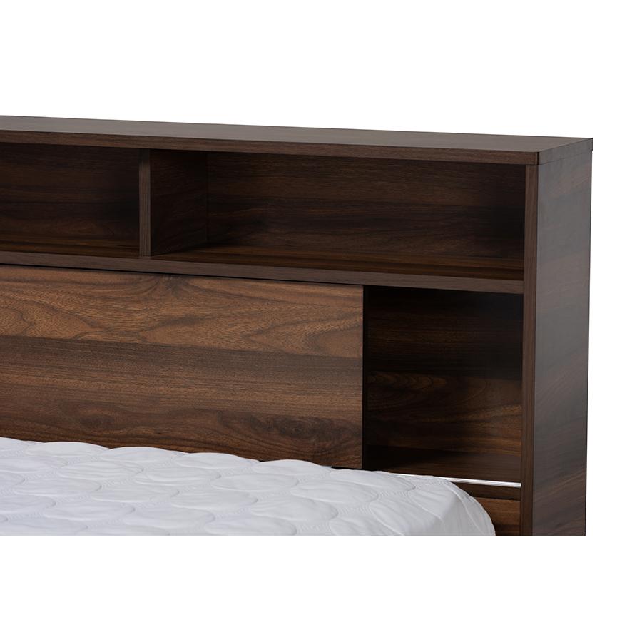 Walnut Brown Finished Wood 1-Drawer Queen Size Platform Storage Bed with Shelves. Picture 6