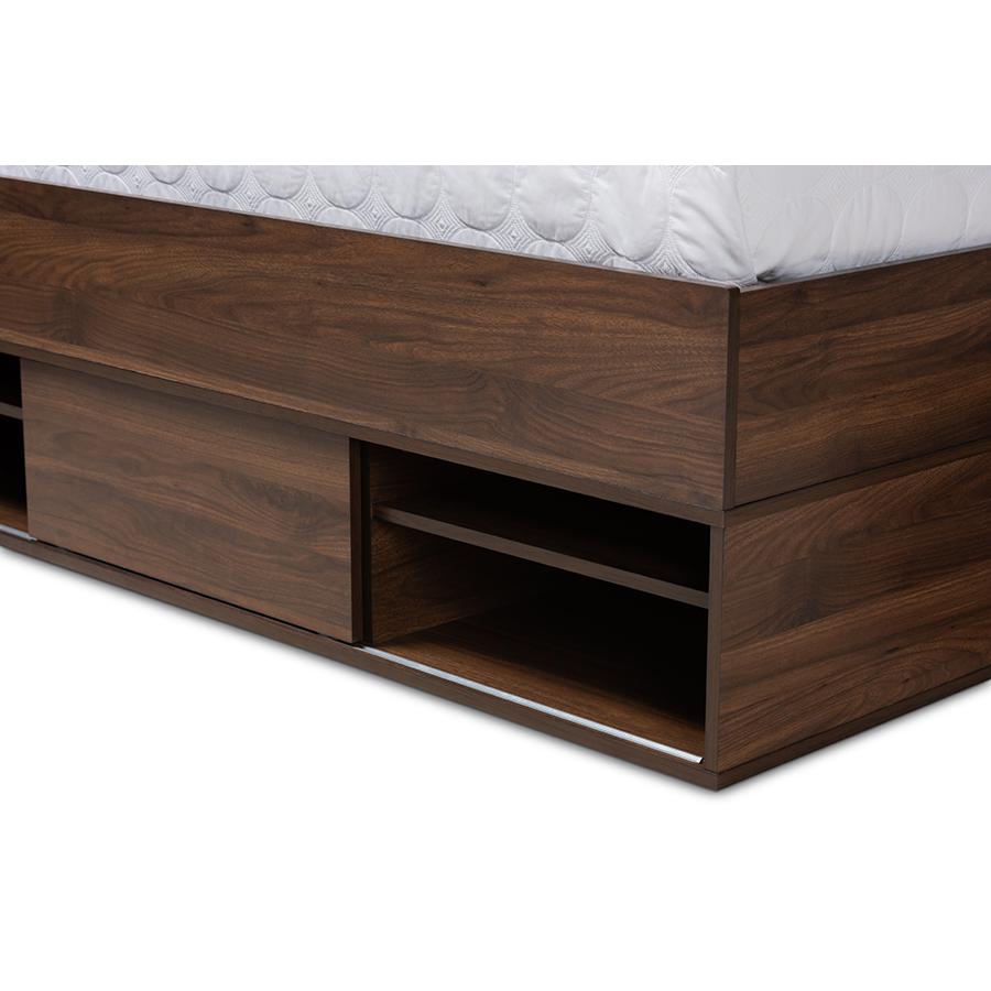 Walnut Brown Finished Wood 1-Drawer Queen Size Platform Storage Bed with Shelves. Picture 8