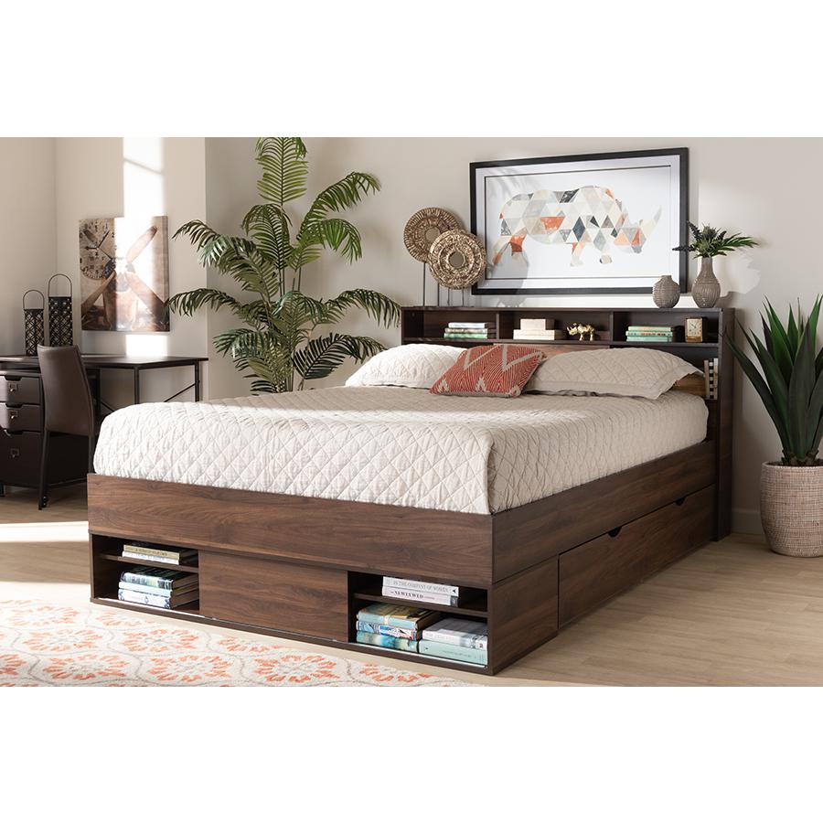 Walnut Brown Finished Wood 1-Drawer Queen Size Platform Storage Bed with Shelves. Picture 9