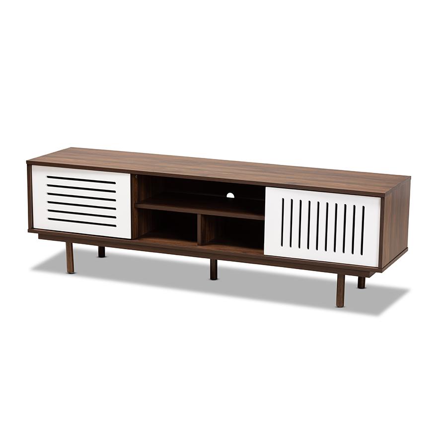 Meike Mid-Century Modern Two-Tone Walnut Brown and White Finished Wood TV Stand. Picture 1