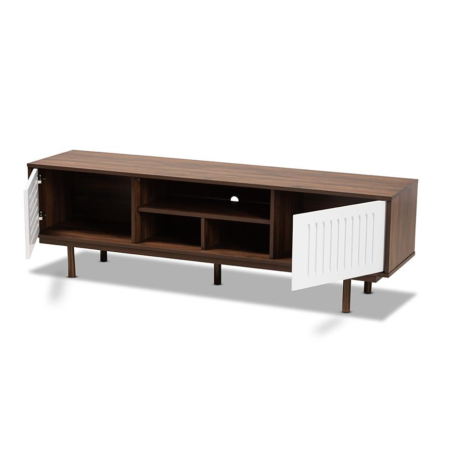 Meike Mid-Century Modern Two-Tone Walnut Brown and White Finished Wood TV Stand. Picture 2