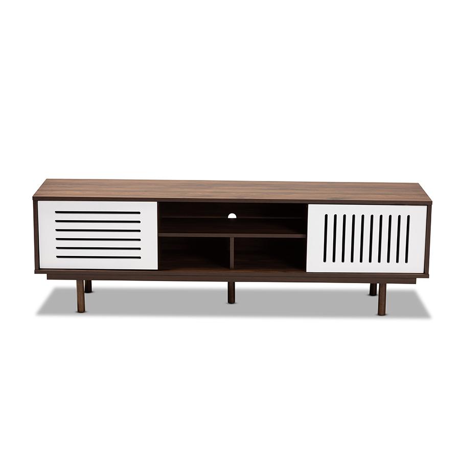 Meike Mid-Century Modern Two-Tone Walnut Brown and White Finished Wood TV Stand. Picture 3