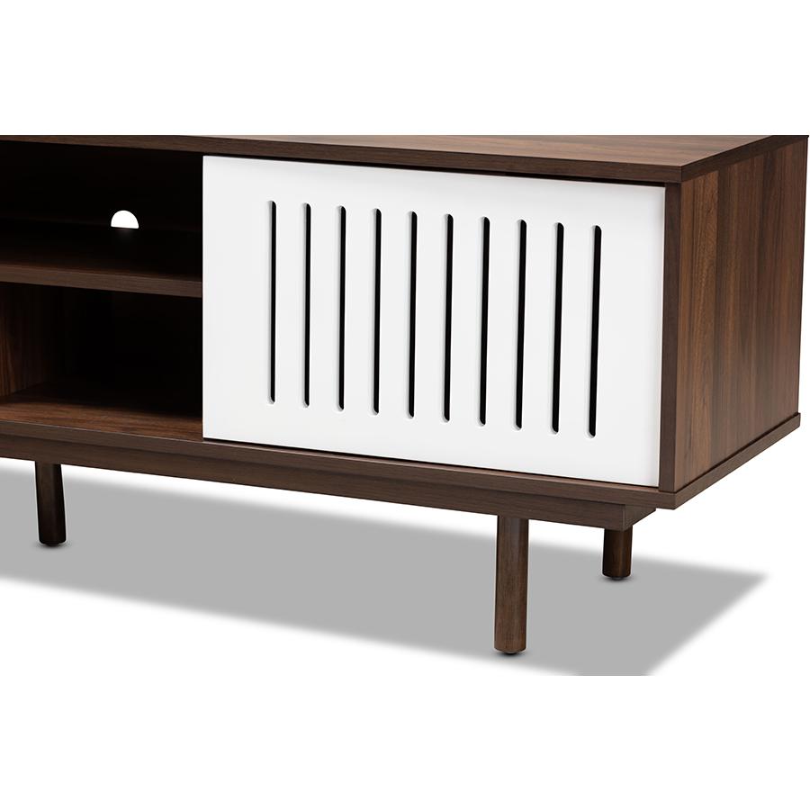 Meike Mid-Century Modern Two-Tone Walnut Brown and White Finished Wood TV Stand. Picture 5