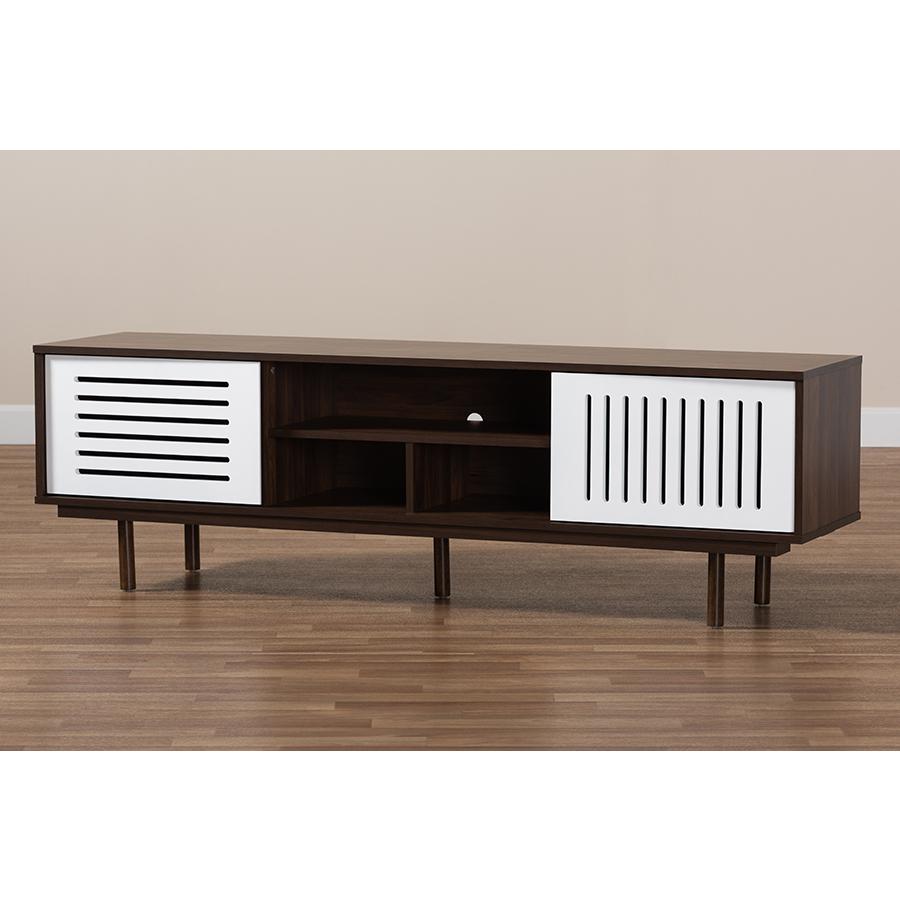 Meike Mid-Century Modern Two-Tone Walnut Brown and White Finished Wood TV Stand. Picture 8