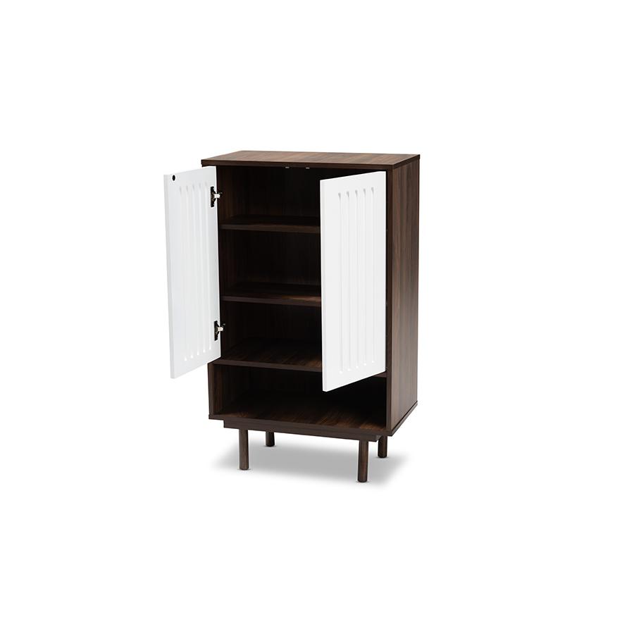 Two-Tone Walnut Brown and White Finished Wood 2-Door Shoe Cabinet. Picture 2