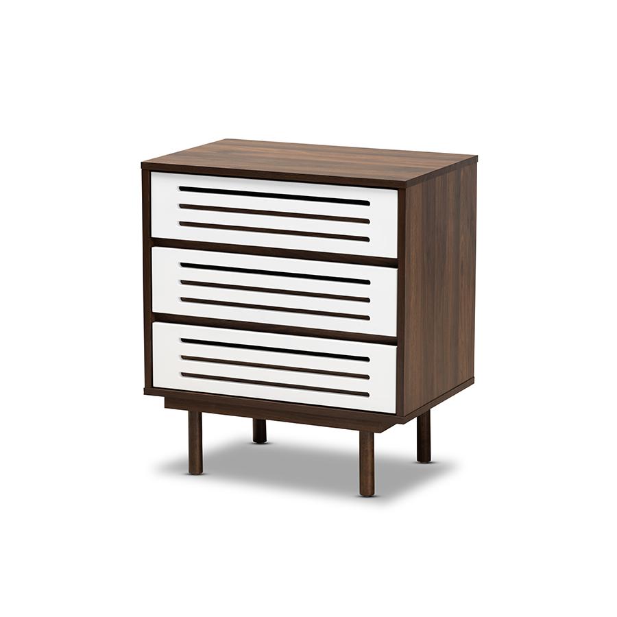 Meike MidCentury Modern TwoTone Walnut Brown and White Finished Wood 3Drawer Nightstand. Picture 1