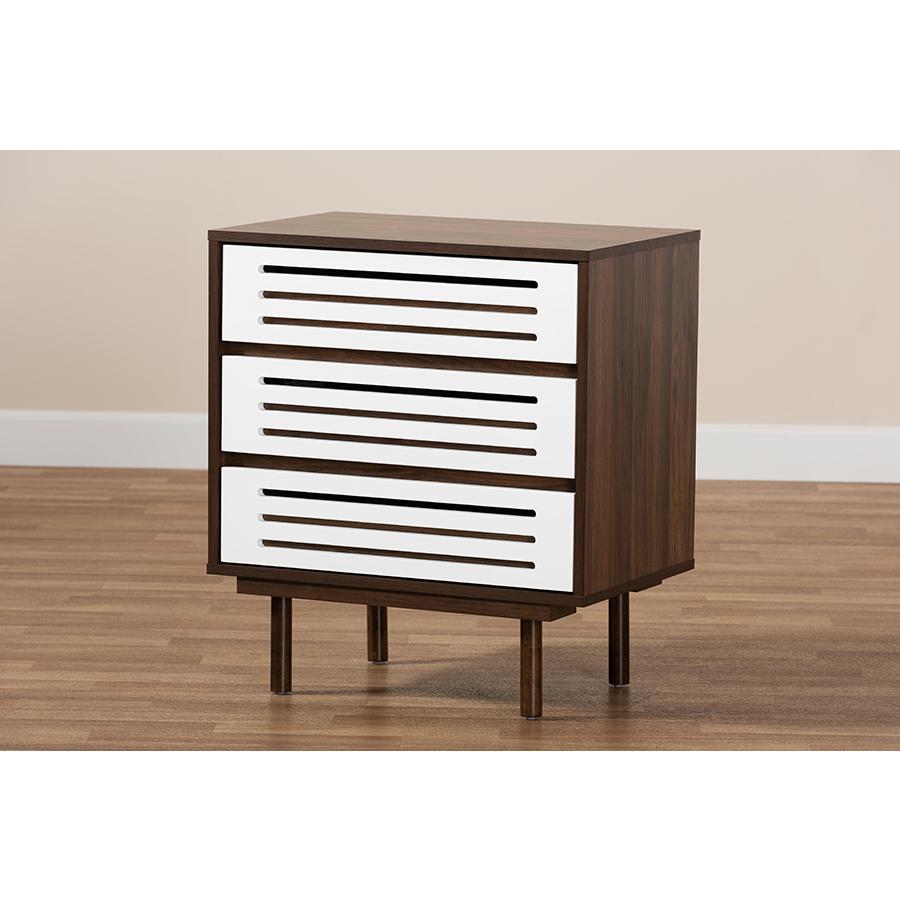 Meike MidCentury Modern TwoTone Walnut Brown and White Finished Wood 3Drawer Nightstand. Picture 8