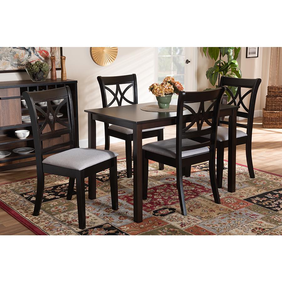 Baxton Studio Clarke Modern and Contemporary Grey Fabric Upholstered and Espresso Brown Finished Wood 5-Piece Dining Set. The main picture.