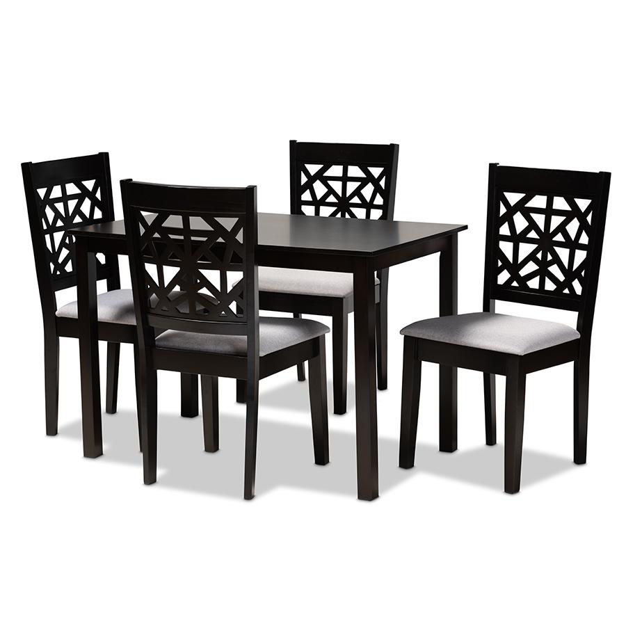 Grey Fabric Upholstered and Espresso Brown Finished Wood 5-Piece Dining Set. Picture 1