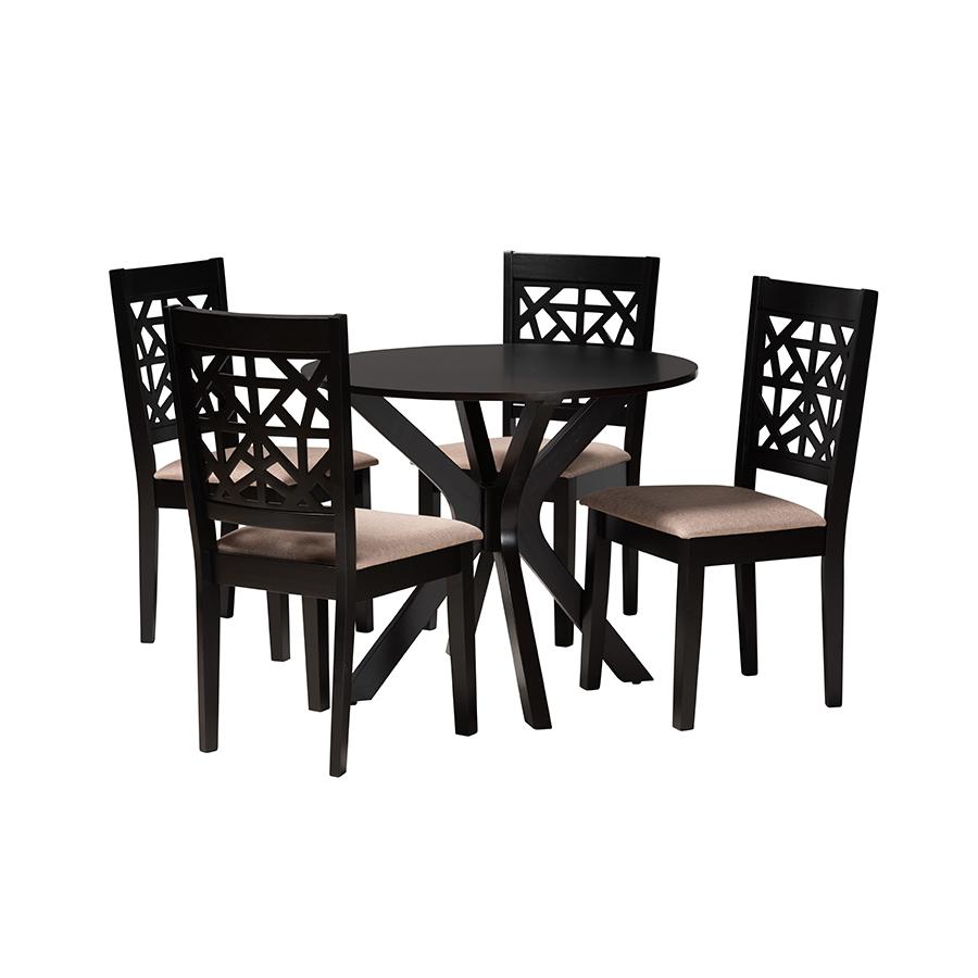 Karel Modern Beige Fabric and Espresso Brown Finished Wood 5-Piece Dining Set. Picture 1