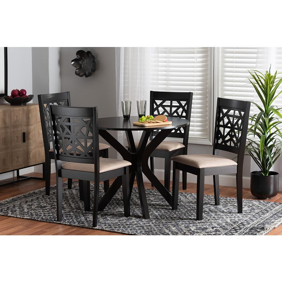 Karel Modern Beige Fabric and Espresso Brown Finished Wood 5-Piece Dining Set. Picture 8