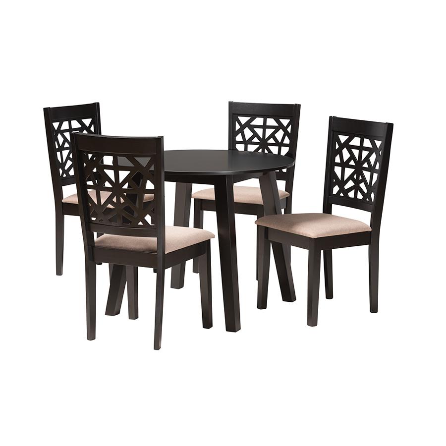 Aiden Modern Beige Fabric and Dark Brown Finished Wood 5-Piece Dining Set. Picture 1