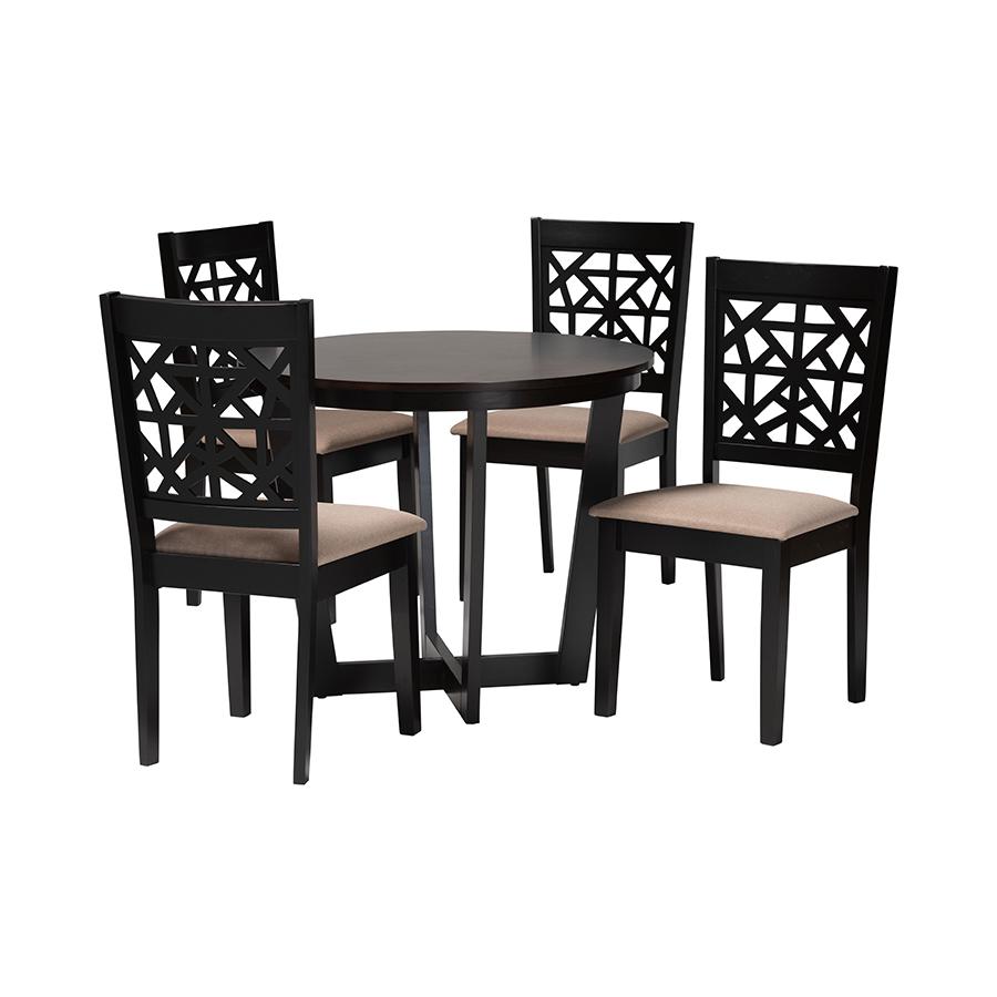 Jamie Moden Beige Fabric and Dark Brown Finished Wood 5-Piece Dining Set. Picture 1