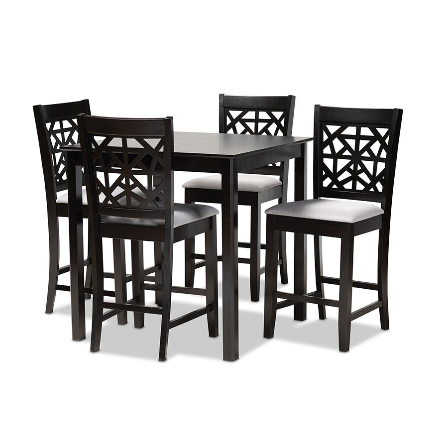 Grey Fabric Upholstered and Espresso Brown Finished Wood 5-Piece Pub Dining Set. Picture 1