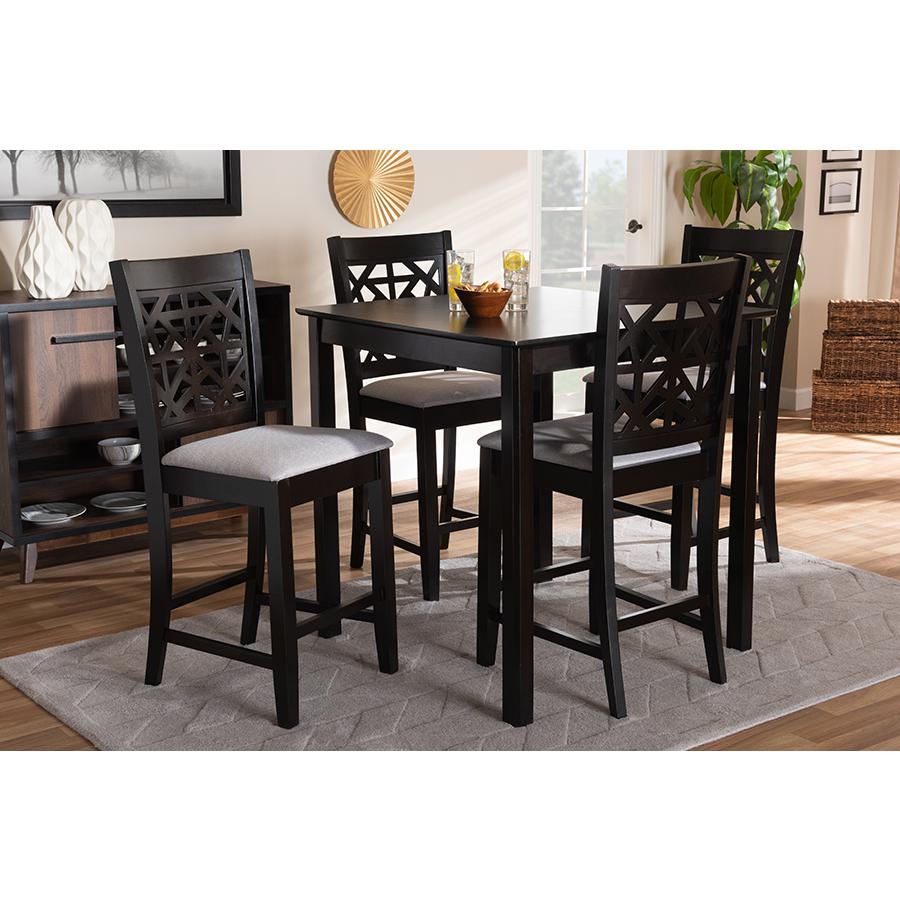 Grey Fabric Upholstered and Espresso Brown Finished Wood 5-Piece Pub Dining Set. Picture 6