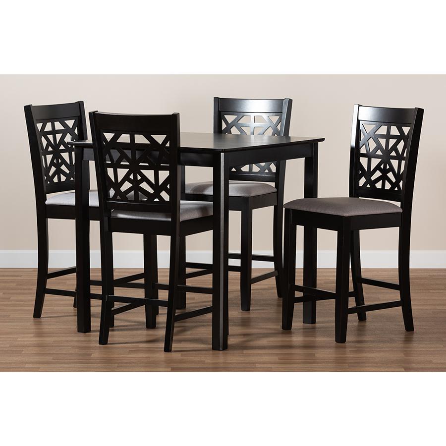 Grey Fabric Upholstered and Espresso Brown Finished Wood 5-Piece Pub Dining Set. Picture 7