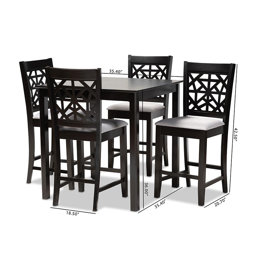 Grey Fabric Upholstered and Espresso Brown Finished Wood 5-Piece Pub Dining Set. Picture 8