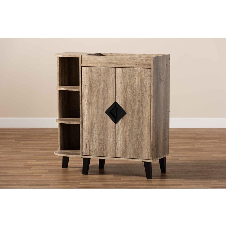 Rustic Oak Finished Wood 2-Door Shoe Storage Cabinet with Open Shelves. Picture 11
