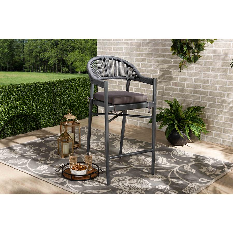 Wendell Modern and Contemporary Grey Finished Rope and Metal Outdoor Bar Stool. Picture 8