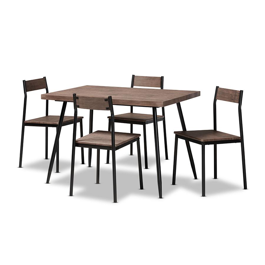 Modern and Contemporary Walnut Finished Wood and Black Metal 5Piece Dining Set. Picture 1