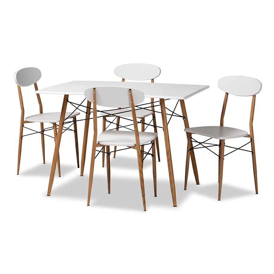 Wayne Modern and Contemporary White and Walnut Finished Metal 5-Piece Dining Set. Picture 1