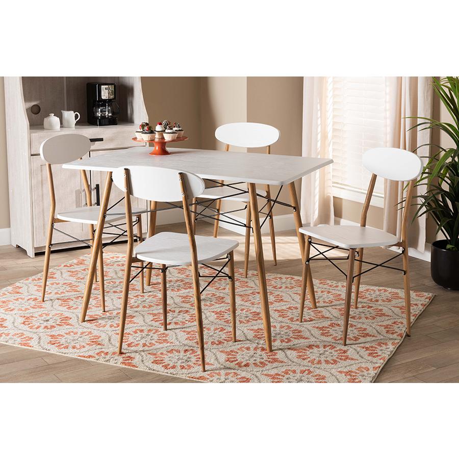 Wayne Modern and Contemporary White and Walnut Finished Metal 5-Piece Dining Set. Picture 6