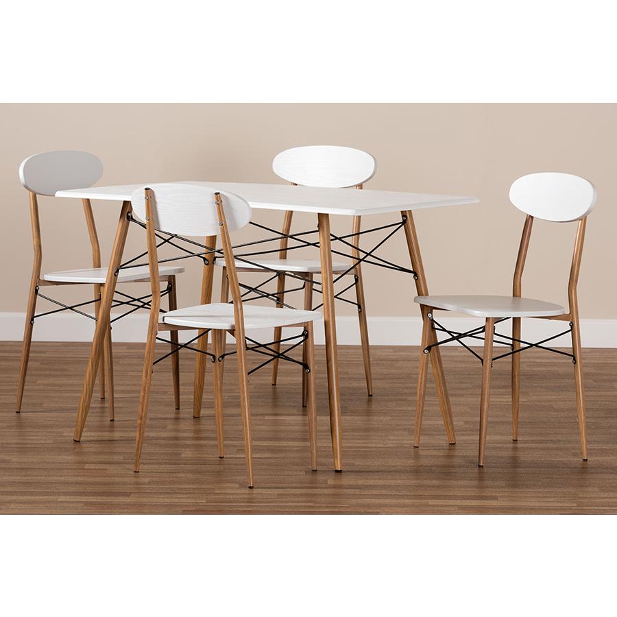 Wayne Modern and Contemporary White and Walnut Finished Metal 5-Piece Dining Set. Picture 7