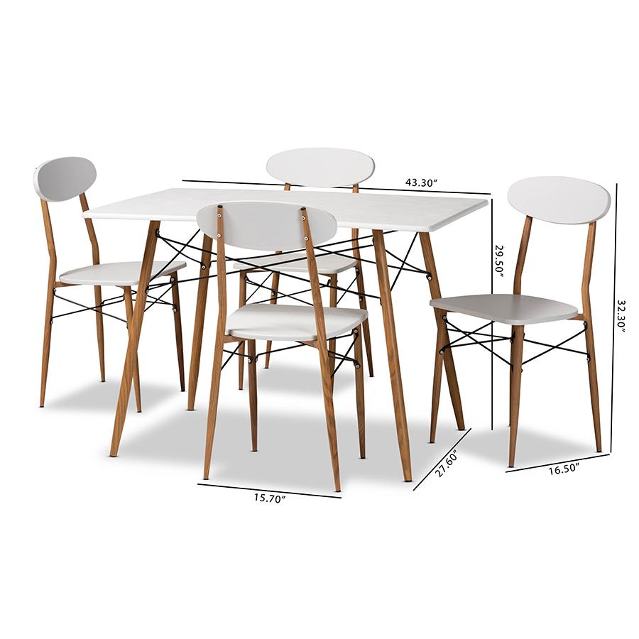 Wayne Modern and Contemporary White and Walnut Finished Metal 5-Piece Dining Set. Picture 8