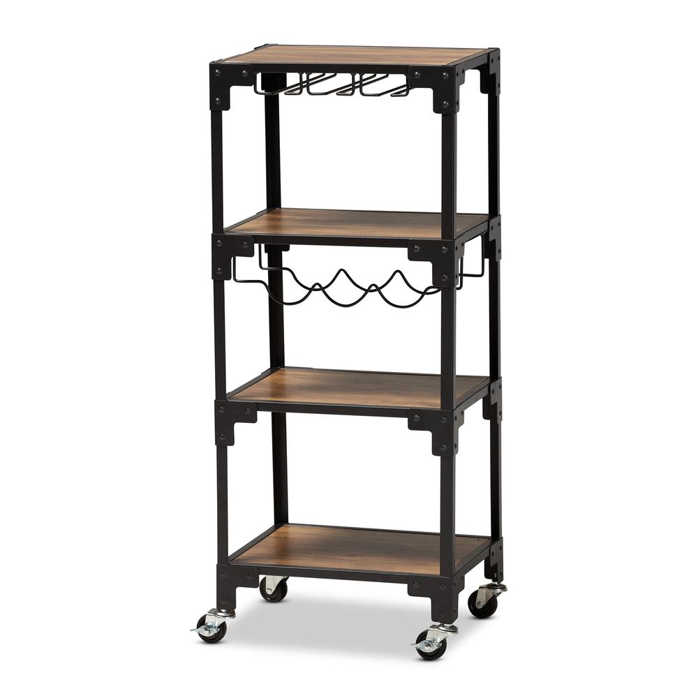 Industrial Rustic Walnut Finished Wood and Black Metal 4Tier Mobile Wine Cart. Picture 1
