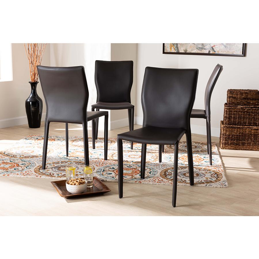Heidi Modern and Contemporary Dark Brown Faux Leather Upholstered 4-Piece Dining Chair Set. The main picture.