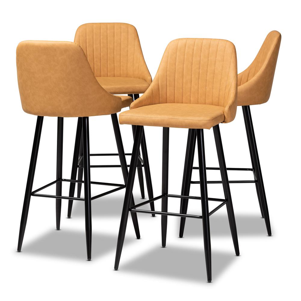Walter Mid-Century Contemporary Tan Faux Leather Upholstered and Black Metal 4-Piece Bar Stool Set. Picture 2