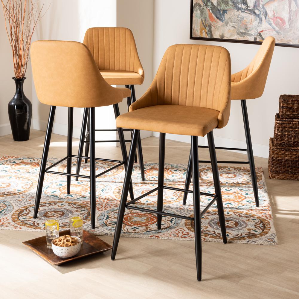 Walter Mid-Century Contemporary Tan Faux Leather Upholstered and Black Metal 4-Piece Bar Stool Set. Picture 1